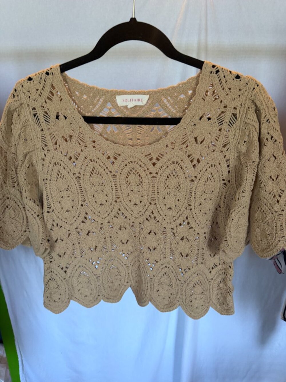 Solitaire Tan Crochet Knit Open Work Scalloped Hem Top S